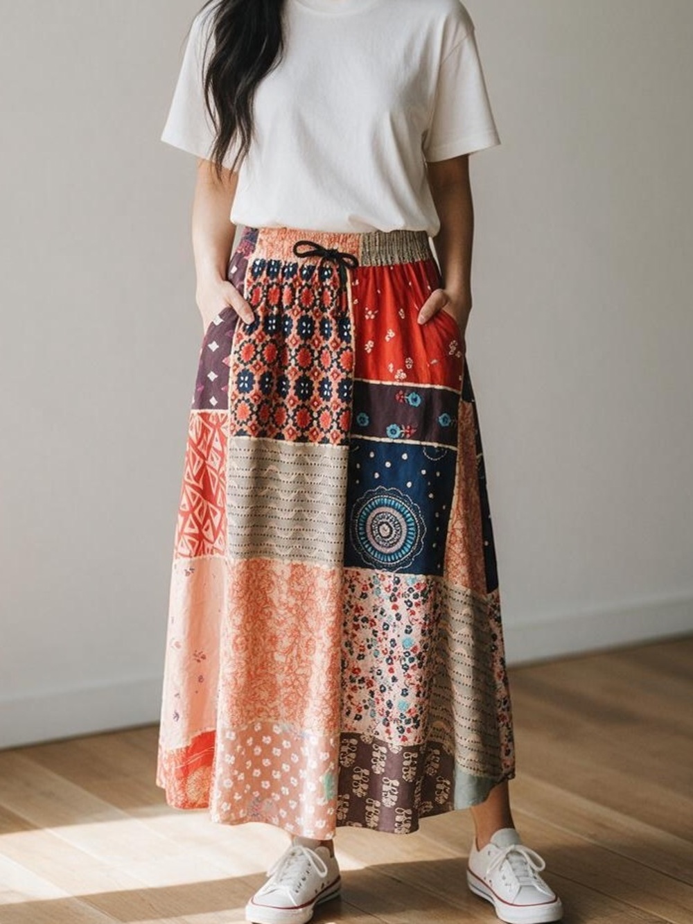 Boho Patchwork Maxi Skirt in Red & Navy